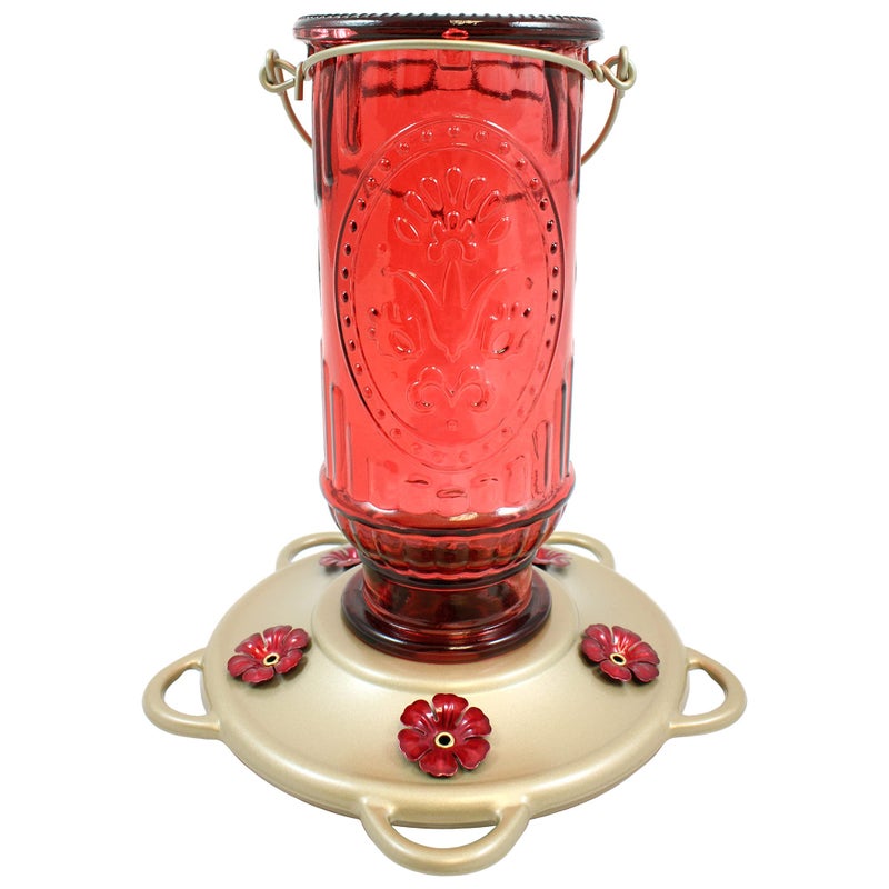 More Birds Red Vintage Hummingbird Feeder, Antique Glass Hummingbird Feeders for Outdoors, 5 Feeding Stations, 20 Ounces - Image 1